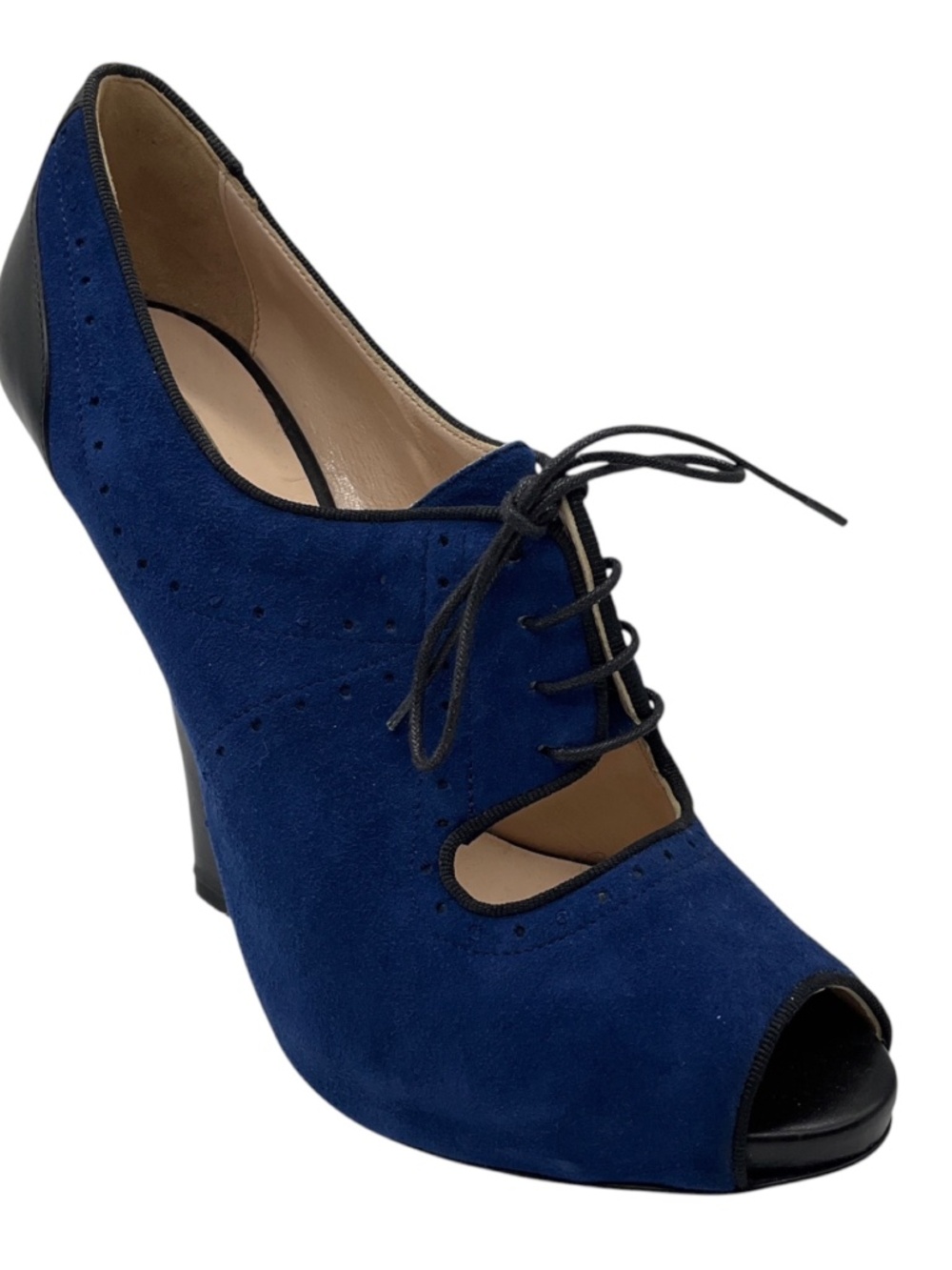 GIORGIO ARMANI BLUE / BLACK SUEDE AND LEATHER OPEN TOE HEELS